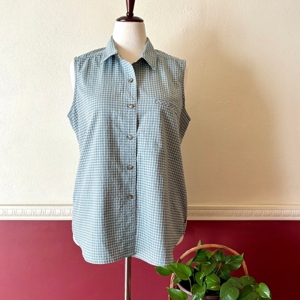 Royal Robbins Sleeveless Button Up Top XL Blue Grid Go Everywhere Hiking Outdoor